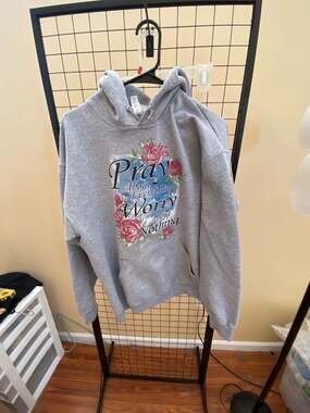 Jerzees Nublend Grey Hooded Sweatshirt Pray About Everything Worry About Nothing